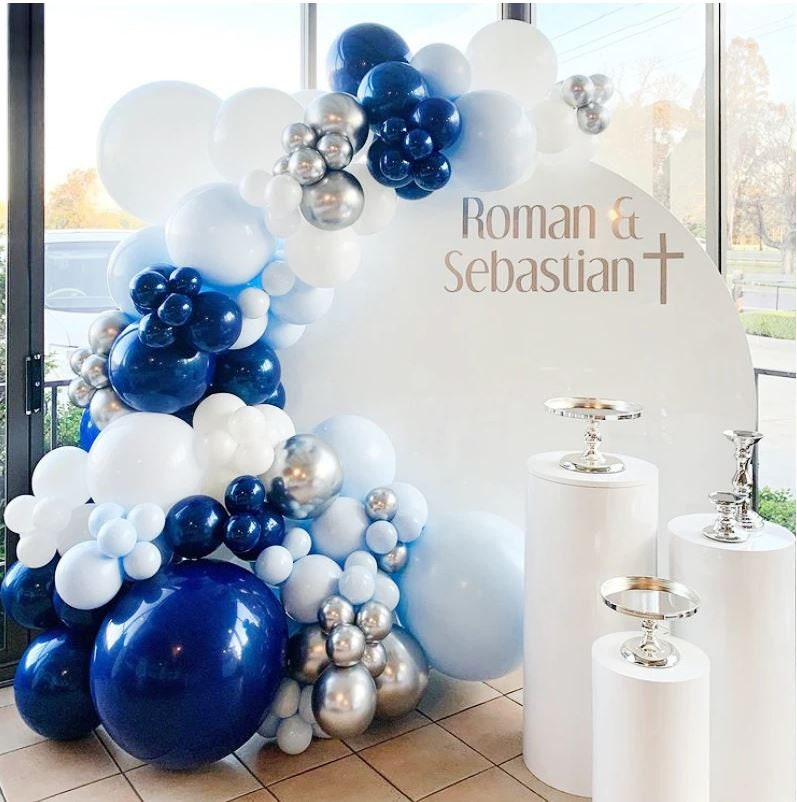 Arche Ballon Bleu, Ballons Anniversaire Bleu Marine Pastel et Blanc Argenté  Confettis en Latex, Guirlande Décoration Ballon Ann A282