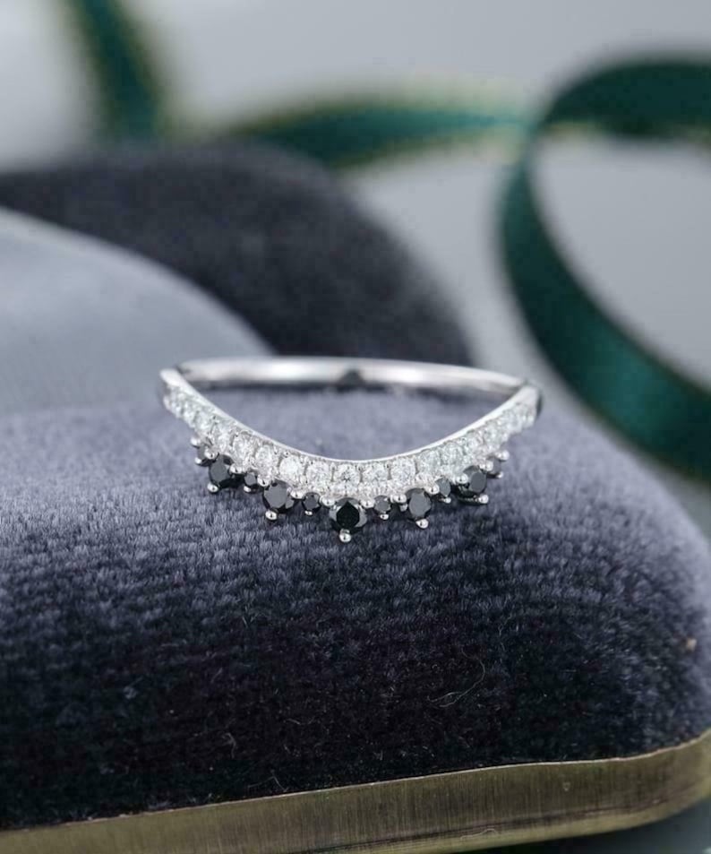 Curved Wedding Bridal BandHalf Eternity BandEngagement RingPromise RingGift For Her1.00CT Black Round Diamond925 Silver14K White Gold