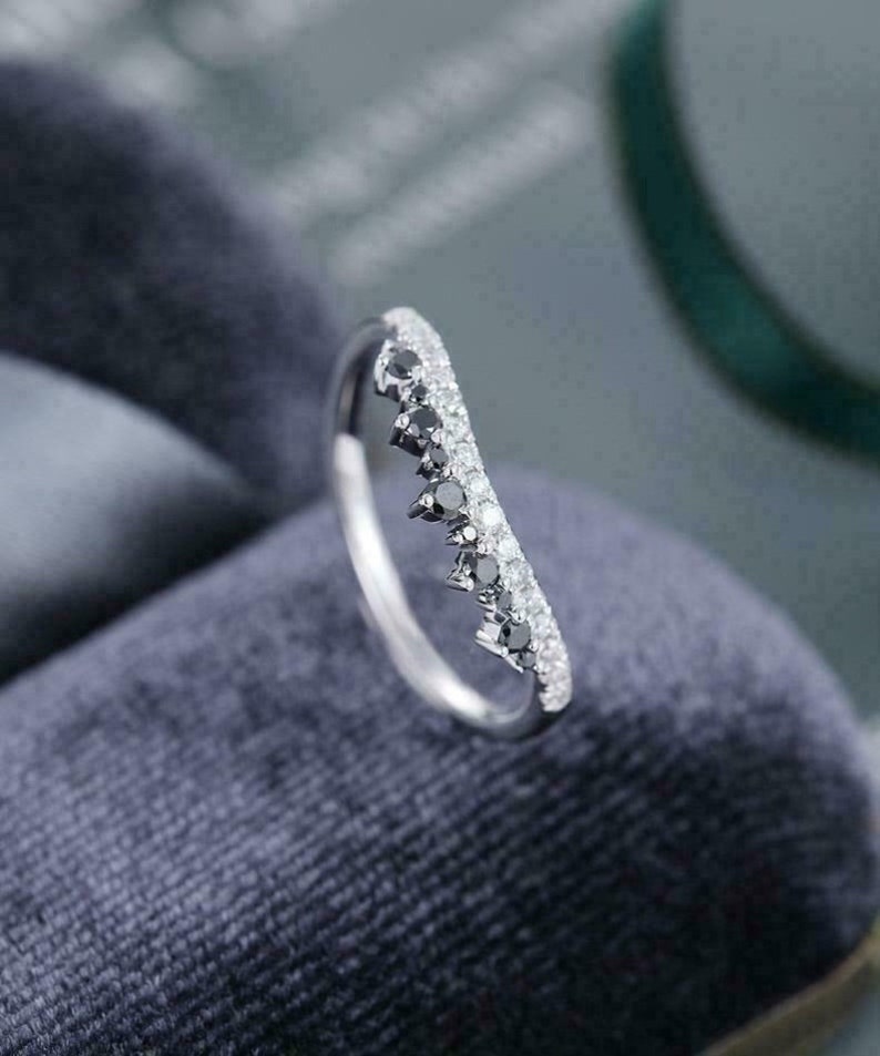 Curved Wedding Bridal BandHalf Eternity BandEngagement RingPromise RingGift For Her1.00CT Black Round Diamond925 Silver14K White Gold