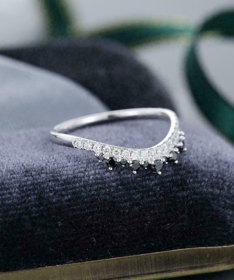 Curved Wedding Bridal BandHalf Eternity BandEngagement RingPromise RingGift For Her1.00CT Black Round Diamond925 Silver14K White Gold