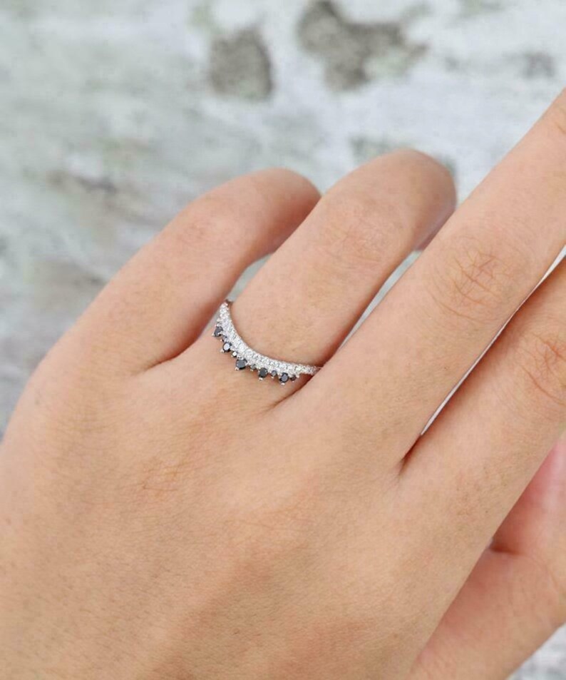 Curved Wedding Bridal BandHalf Eternity BandEngagement RingPromise RingGift For Her1.00CT Black Round Diamond925 Silver14K White Gold