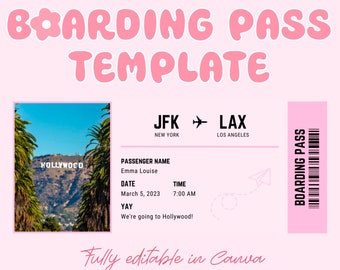 Modello di carta d'imbarco modificabile, modello di biglietto aereo, viaggio a sorpresa, carta d'imbarco/biglietto per download digitale, carta d'imbarco/biglietto Canva.