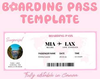 Modello di carta d'imbarco modificabile, modello di biglietto aereo, viaggio a sorpresa, carta d'imbarco/biglietto scaricabile digitalmente, carta d'imbarco/biglietto Canva.
