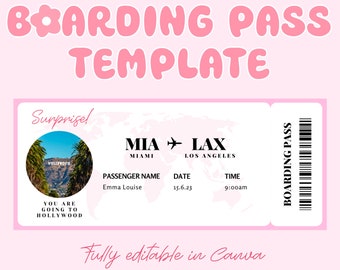 Modello di carta d'imbarco modificabile, modello di biglietto aereo, viaggio a sorpresa, carta d'imbarco/biglietto per download digitale, carta d'imbarco/biglietto Canva.