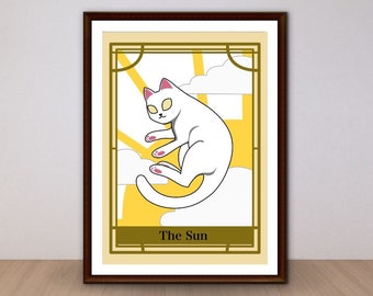 The Sun Cat Print, Tarot, White Cat, Witchy Aesthetic, Yellow, Sunshine, Wall Art, Digital Art Print, Cute Animals, Instant Download,Bedroom