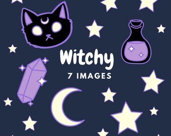 Witchy Clipart, Witch, Halloween, Kawaii Cat, Black Cat, Magic, Astrology, Crystal, Moon, Stars, Potions, Instant Download, Digital Download