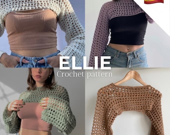 ★人気★【KNITTED】★Open Collar Crochet Half Knit Te.e★ ELLIE Pattern (spanish Version), Crochet Sleeves, Openwork