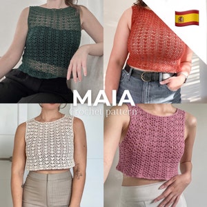 May include: A crochet pattern for a sleeveless top called "MAIA". The pattern is available in four colors: green, orange, white, and pink.