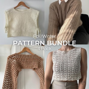 Puede incluir: Un collage de cuatro patrones de ganchillo para otoño e invierno. Los patrones incluyen un top blanco sin mangas, un suéter marrón, una chal de ganchillo marrón y un top de ganchillo blanco.