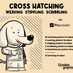 Puede incluir: Una ilustración en blanco y negro de un perro con una bufanda y sosteniendo una taza que dice "World's Best Boss". La imagen es para un conjunto de pinceles Procreate para el sombreado cruzado, el tejido, el punteado y el garabateo.