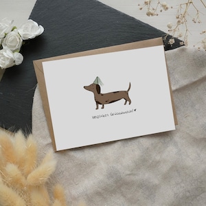 Biglietto pieghevole "Sausage Party" con busta Biglietto d'auguri A6 Bassotto Party Hat Wiener Dog Congratulazioni Happy Dog Lover