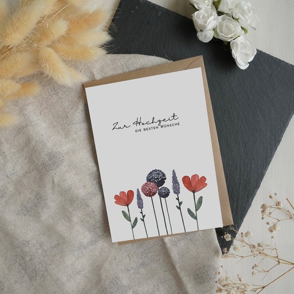 Klappkarte mit Umschlag A6 Hochzeit floral Blumen Wedding Gratulation minimalistisch Handarbeit