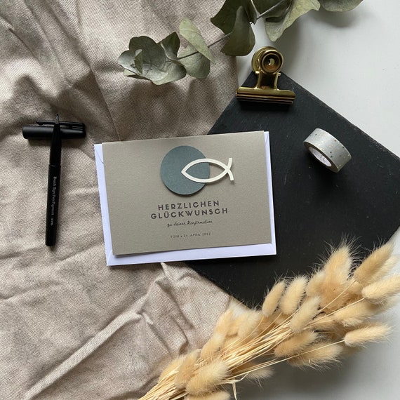 Handgemachte Personalisierte Klappkarte mit Umschlag Konfirmation Kommunion Firmung Taufe Karte personalisierbar Fisch Christentum