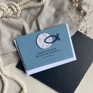 Handgemachte Personalisierte Klappkarte mit Umschlag Konfirmation Kommunion Firmung Taufe Karte personalisierbar Fisch Christentum Blau / Grau