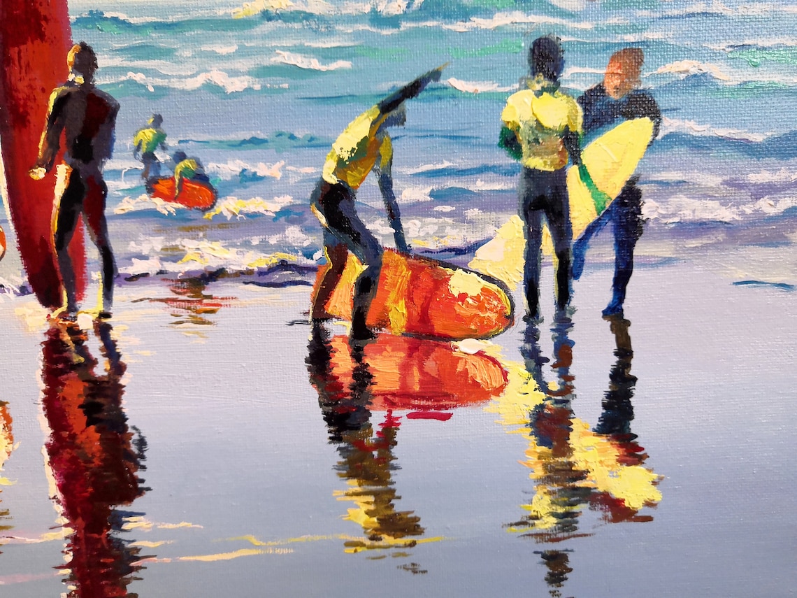Surfer team Oil painting Surfboard artwork Seascape for Etsy