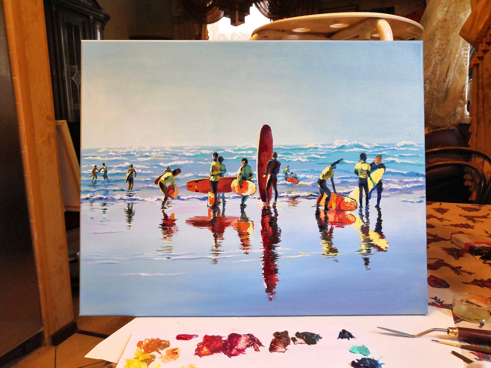 Surfer team Oil painting Surfboard artwork Seascape for Etsy