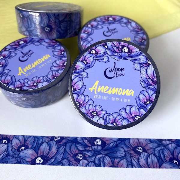 Skull Anemona flower washi tape, 15 mm x 10m, cute washi, planner purple washi