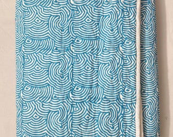 Colcha Kantha com estampa em bloco, manta de algodão feita à mão, roupa de cama boho azul turquesa, colcha tamanho queen costurada à mão.