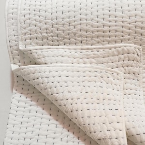 Handmade White Kantha Quilt, Black Thread Cotton Reversible Throw, Queen Size Blanket, Hand Stitched Cotton Quilt, Sofa Throw, Soft Blanket.