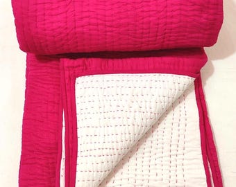 Hot-Pink Kantha Quilt, Reversible Cotton Bedspread, Indian Throw Blanket, Queen Quilt, Boho Bedding.