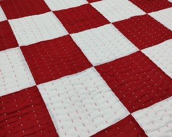 Solid Red & White Color Bedding Set, Quilt With Pillow Case, Handmade Quilt, Indian Cotton Kantha Quilt, Boho Bedding, All Sizes ART#083