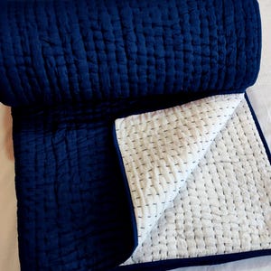 Blue Kantha Quilt, Reversible Bohemian Cotton Bedspread, Handmade Cotton Blanket, Queen Size Bedding Throw.