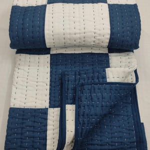Handmade Blue & White Patch Work Kantha Quilt Breathable Cotton Blanket, Handstitched Bedspread, Bedding Set.