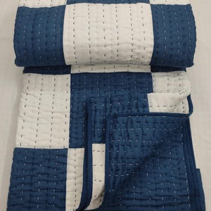 Blue-White Patchwork Kantha Quilt, Handmade Cotton Bedspread, Boho Farmhouse Bedding,  Queen Size Blanket.