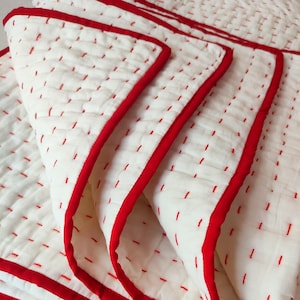 White Kantha Quilt with Red Hand Stitch, Reversible Handmade Cotton Blanket, Boho Bedding Throw, Indian Lightweight Quilt Queen Size Blanket
