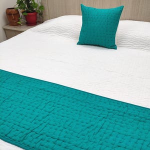Teal Green Kantha Bed Runner & Cushion Cover: Handmade Indian Pure Cotton Bedding, Room Decor.