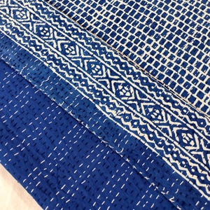 Indigo Blue Kantha Quilt, Hand Block Print Reversible Throw, Cotton Boho Bedspread, Indian Bedding Blanket, Handmade Quilt, Kantha Bed Cover