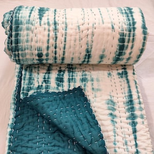 Handmade Teal Tie Dye Kantha Quilt: Reversible Cotton Throw, Boho Style Handstitched Summer blanket.