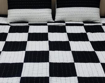 Handmade Black & White Kantha Quilt, Solid Black and White Blocks Quilt, Bedding Set, Quilt With Pillow Case, Handmade Quilt, Cotton Quilt