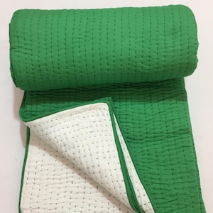 Handmade Grass Green Kantha Quilt, Reversible Indian Boho Bedspread, Handstitched Light Weight Cotton Blanket, AC Blanket For Home Decor.