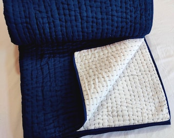 Indigo-Blue Reversible Handmade Kantha Quilt, 100% Pure Cotton Blanket, Bohemian Queen Size Throw Quilt.