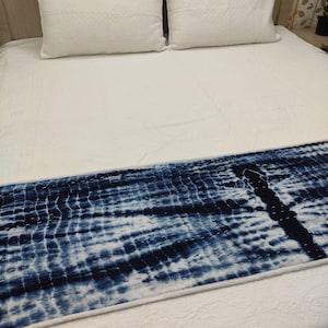 Indigo Tie Dye Kantha Bedrunner, Boho Bedding Room Decor, Handmade Cotton Shibori Quilt Runner.