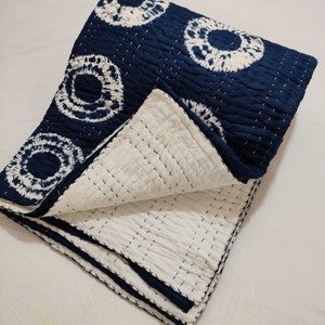 Tie Dye Kantha Quilt: Blue Shibori Cotton Throw, Handmade Bedspread, Eco Friendly Bedding Blanket.