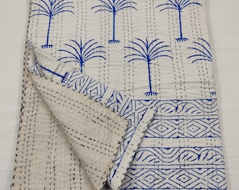 Palme, Kantha-Überwurf aus 100 % Baumwolle, handgefertigte Kantha-Tagesdecke, indische handgenähte Kantha-Bettdecke, Hippie-Vintage-Decke, Bettwäsche ART#177