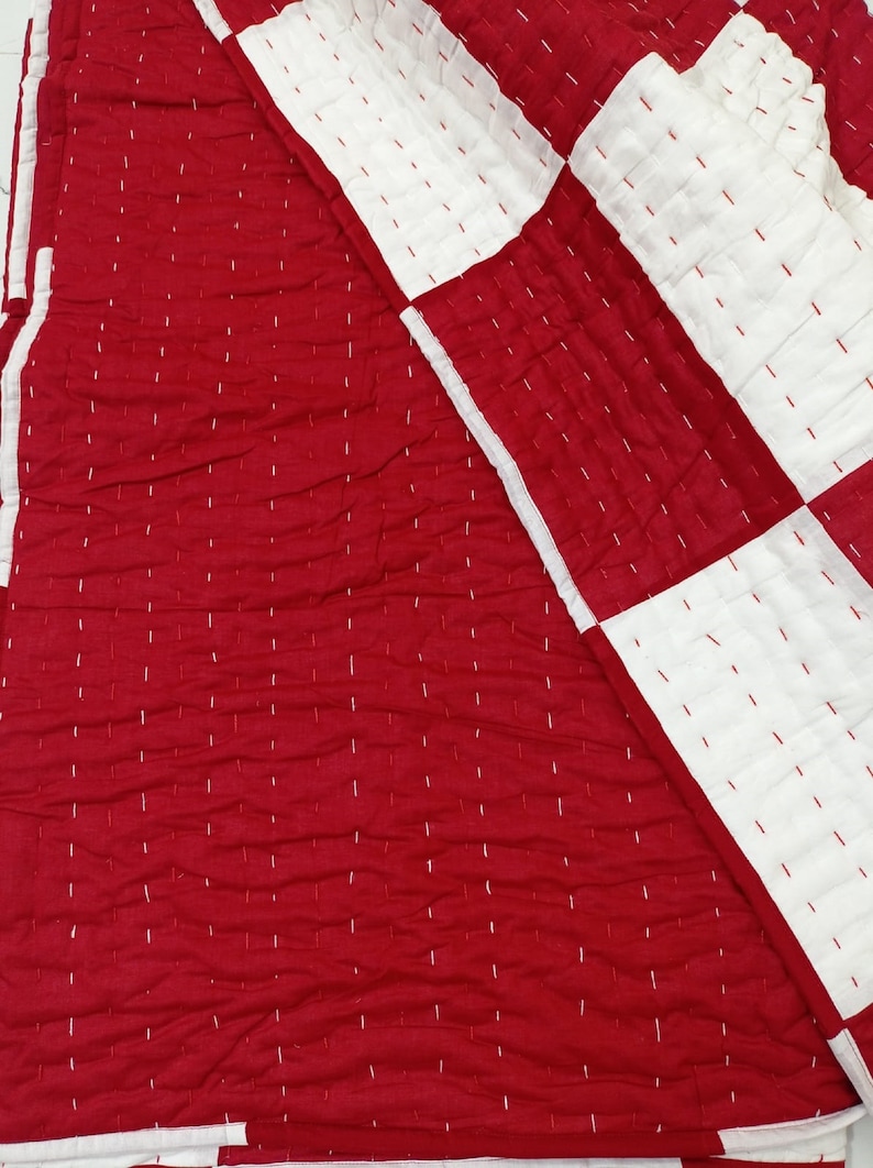 Love Special Handmade Quilt, Red & White Pure Cotton Kantha Quilt