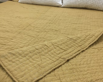 Solid Yellow Tan Both Side Cotton Kantha Quilt, Hand Stitched White Thread Handmade Kantha Bedding, King Queen Twin Padded Blanket ART#036