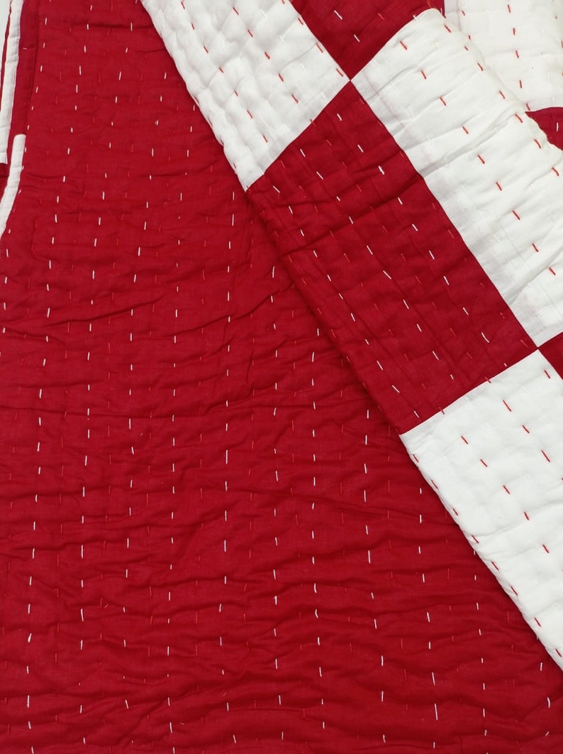 Love Special Handmade Quilt, Red & White Pure Cotton Kantha Quilt