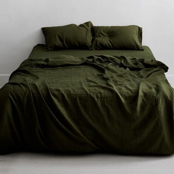 Drap plat uni vert olive, parure de lit en pur coton, parure de lit teint à la main naturel, drap bohème fait main, chemin de lit ART #257