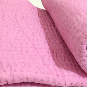 Handmade Light Pink Kantha Quilt: Reversible Cotton Boho Bedspread