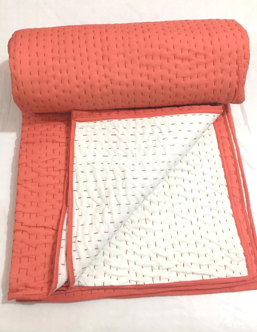 Reversible Handcrafted Kantha Quilt, Rust Orange & White Cotton Quilt ...