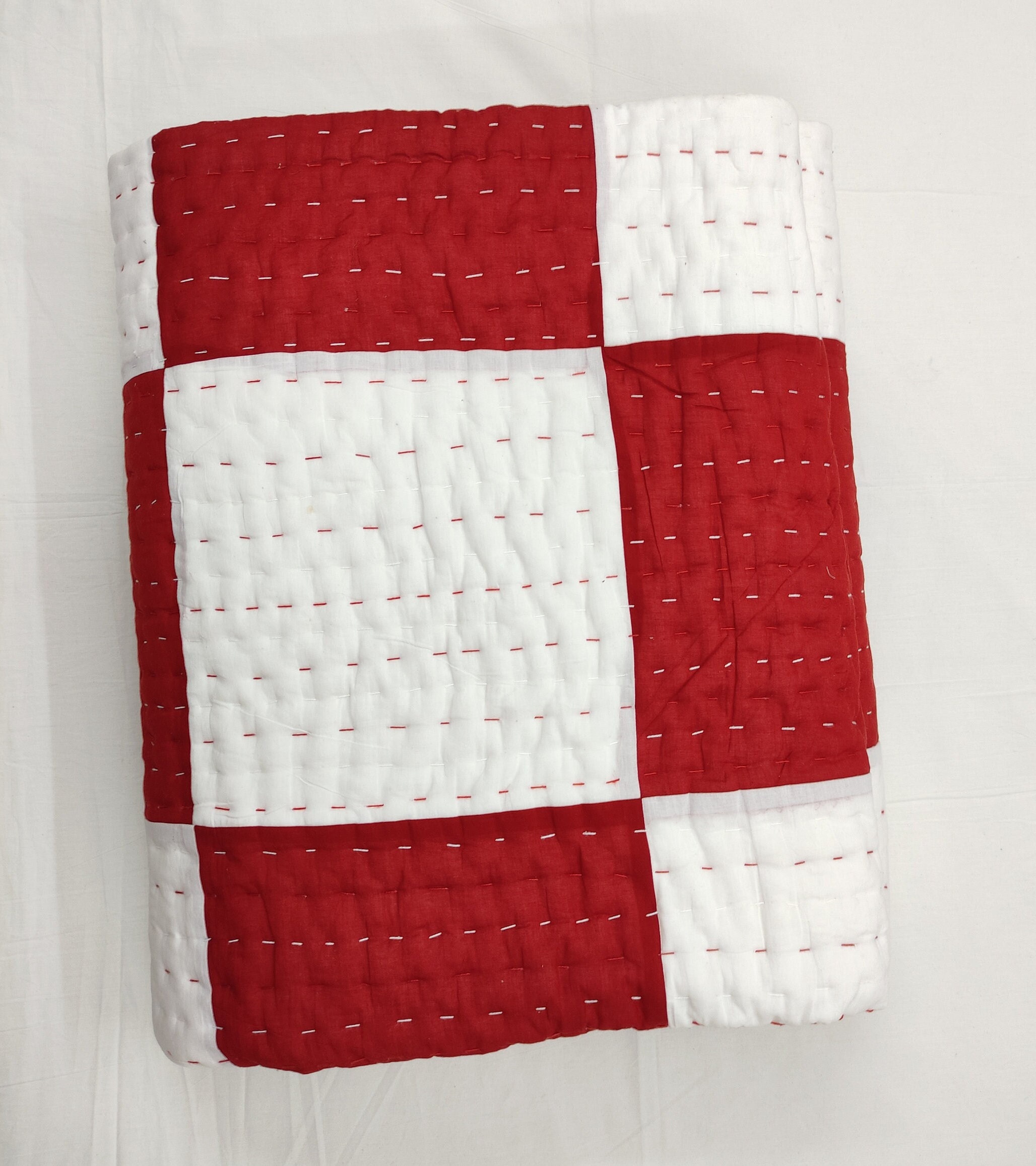 Love Special Handmade Quilt, Red & White Pure Cotton Kantha Quilt, Patch Work Bedding, Bohemian Kantha Throw, Kantha Blanket, AC Blanket