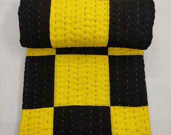 Handmade Black & Yellow Kantha Quilt: Patchwork Cotton Bedding, Patchwork Bedding, Pure Cotton Kantha Quilt Bohemian Kantha Throw AC Blanket