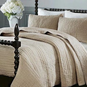 Handgjort beige Kantha Quilt sängkläder set, boho överkast, handsydd bomullsfilt, king size-överkast.