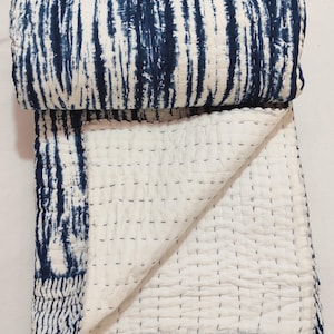 Indigo Shibori Kantha Quilt: Hand-Stitched Reversible Cotton Blanket, Queen Size Quilt Throw & home decor.