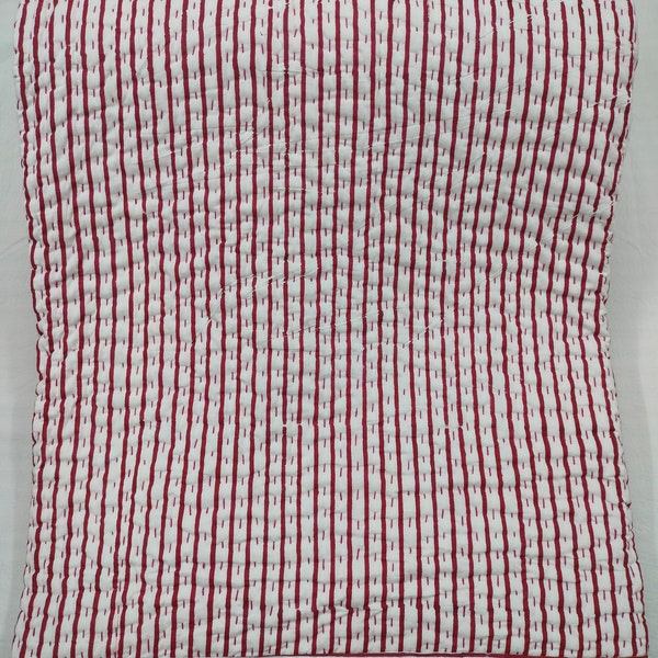 Red Stripe Kantha Quilt, Block Printed Stripe Quilt, Handmade Quilt, AC Blanket, Kantha Quilt, White Reversible,Hand Stitched Quilt ART#076