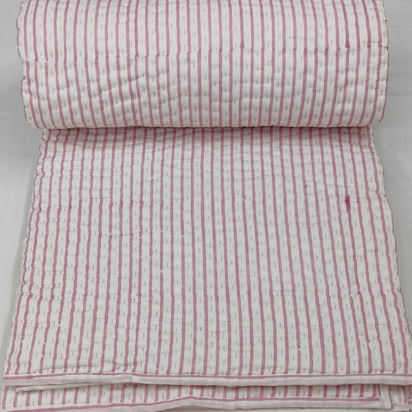 Pink Stripe Kantha Quilt, Block Printed Stripe Quilt, Handmade Quilt, AC Blanket, Kantha Quilt, White Reversible,Hand Stitched Quilt ART#075